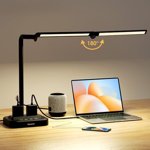 LED Desk Lamp for Home Office: Desk Light Double Head Adjustable with Power Strip 2 AC Outlets, USB-C USB-A Charging Ports Surge Protection, Foldable Table Lamp for College Dorm Room Essentials - Image 3