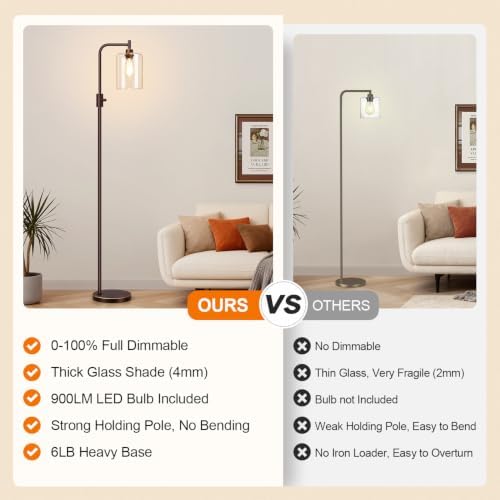 【Upgraded】 Dimmable Floor Lamp for Living Room with Glass Lampshade, Brown with GoldEdge Modern Floor Lamp with 900LM LED Bulb Included, Standing Tall Lamp for Bedroom, Office, Reading Room, Corner - Image 2