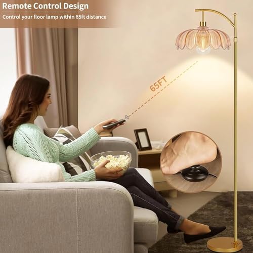 ILLMTW Gold Floor Lamp for Living Room,Bedroom,Mid Century Modern Standing Lamp with Remote,Dimmable Brass Tall Lamp Amber Glass Vintage Retro Arc Floor Lamps Flower Floor Light Boho Bohemian - Image 4