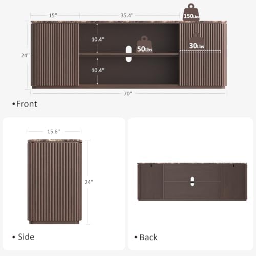 70" Modern Fluted TV Stand, for TVs Up to 80", Faux Marble Top, Brown Oak - Image 2