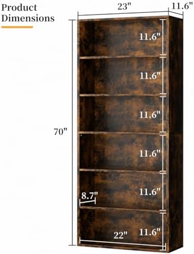 6-Tier Bookshelf, Modern Open Bookcase,6 Shelf Display Storage Shelves Floor Standing, 71 inches Tall Shelves for Home Office, Brown - Image 2