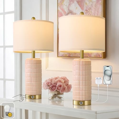 PoKat 25'' Table Lamps Set of 2 for Bedroom with 3-Way Dimmable Touch Control, Bedside Lamps with USB A+C Ports for Living Room, Modern Ceramic Pink Lamps for Kids Girls Decor (2 Bulbs Included) by Pokat