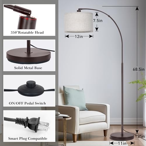 Floor Lamp for Living Room，Arc Floor Lamp with Adjustable Lamp Head Tall Pole Standing Lamp with On/Off Pedal Switch Over Couch Arched Reading Light for Bedroom Study Room 8W LED Bulb Included （Brown） - Image 3