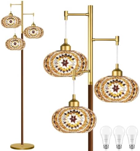QIYIZM Moroccan Mosaic Floor Lamp for Living Room,Bedroom,Turkish Standing Lamp Stained Glass Lamps Gold Mid Century Tall Lamps Unique Tree 3 Light Vintage Retro Wood Floor Lights Boho Tiffany Style by QIYIZM