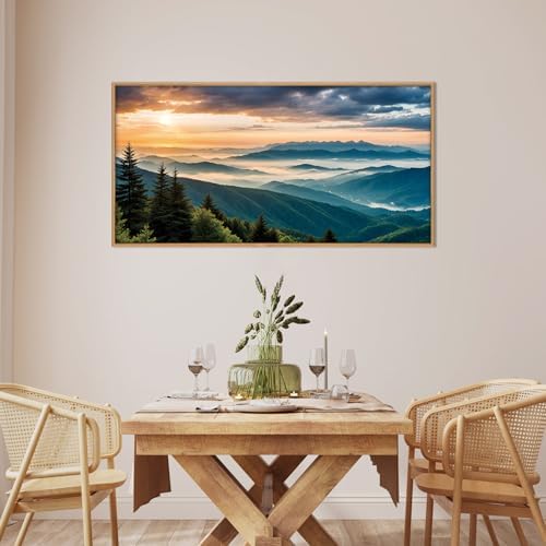 LHIUEM Large Nature Mountain Sunrise Framed Canvas Wall Art, Modern Misty Tree Wall Decor, Boho Forest Green Landscape Artwork, 20"x40"x1 - Image 3