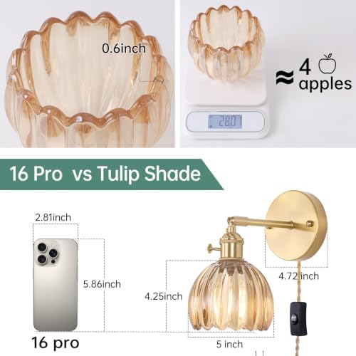 Shenmoyl Plug in Wall Sconce, Amber Tulip Glass Lampshade Wall Light Plugin Corded for Bedside Bedroom Doorway - Image 3