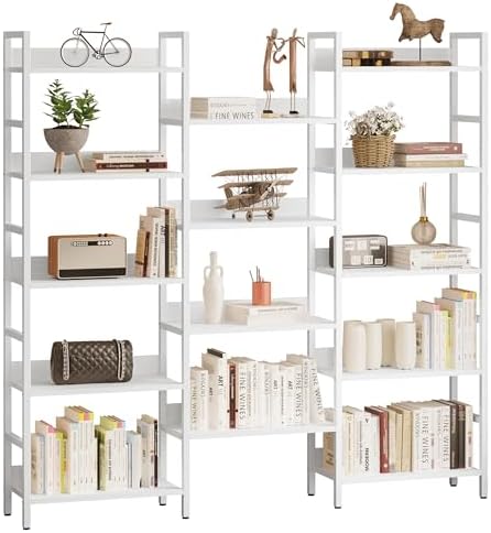 IRONCK Triple Wide 5-Tier Bookshelf with Metal Frame, Industrial White by IRONCK