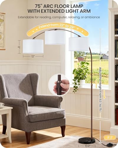 75" Dimmable Brown Arc Lamp with Marble Base,Adjustable Height, White Shade - Image 3