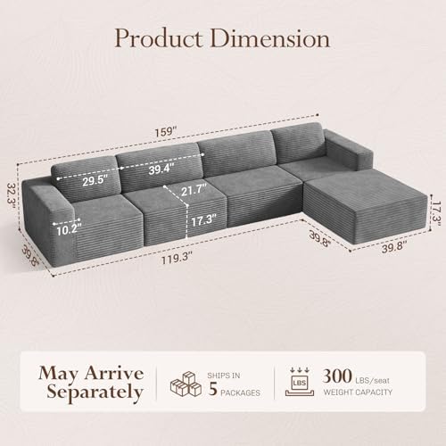 Vesgantti 159" Large Modular Sectional Sofa, L-Shaped Corduroy Cloud Couch with Deep Seats & Spring Support, 4-Seater Boneless Sofa with Movable Ottoman, No Assembly Needed, Grey - Image 2