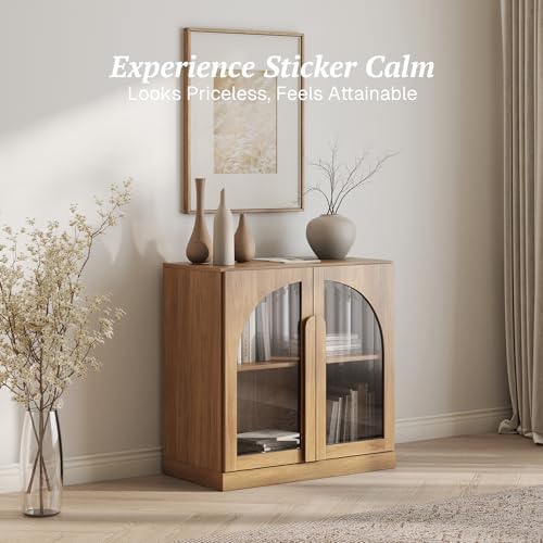 BELLEZE Bijou 31.5" Modular Sideboard Cabinet - Expandable Design with Arched Glass Doors - Use Solo or Combine for Buffet, Living Room Media Center & Entryway - 70lbs Capacity, Camel - Image 4