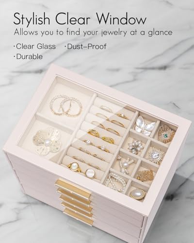 VLANDO 5 Layer Jewelry Box for Women, Glass Lid Jewelry Organizer with 5 Drawers for Necklaces Rings Earrings Bracelets - Light Pink - Image 3
