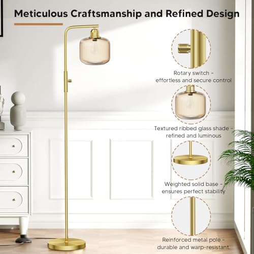 66" Dimmable Gold Standing Lamp with Champagne Ribbed Glass for Living Room - Image 3