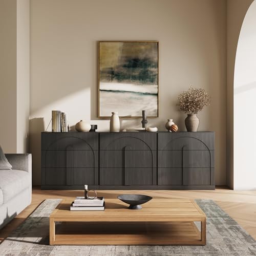 BELLEZE Sideboard Cabinet with 3 Drawers, Set of 3 Modern Wood Buffet Cabinet with Arc Design, Large Fluted Sideboard with Storage for Kitchen Living Room Entryway, Ebony - Image 5