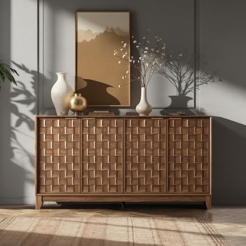 COLAMY Fluted Sideboard Cabinet with Storage, Solid Wood Buffet for Dining Room, Credenza Console with Adjustable Shelves, Walnut Finish, Mid Century Modern Style, Walnut by COLAMYHOME