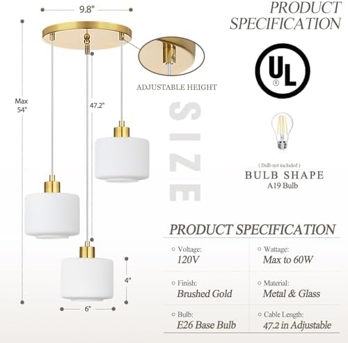 Brushed Gold Dining Room Chandelier Light Fixture, 3-Light Pendant Lighting with Milk Glass, Modern Kitchen Island Cluster Hanging Pendant Lights for Kitchen Dining Room, OS-YQ8153-3BGW - Image 3