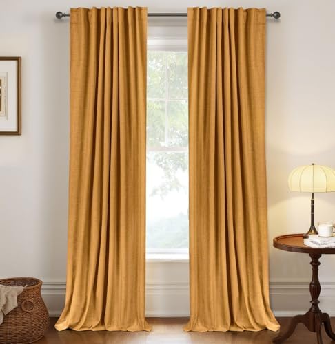 Faux Linen Total Blackout Curtains for Bedroom 102 Inch Long Mustard Yellow by 100BlackoutShield