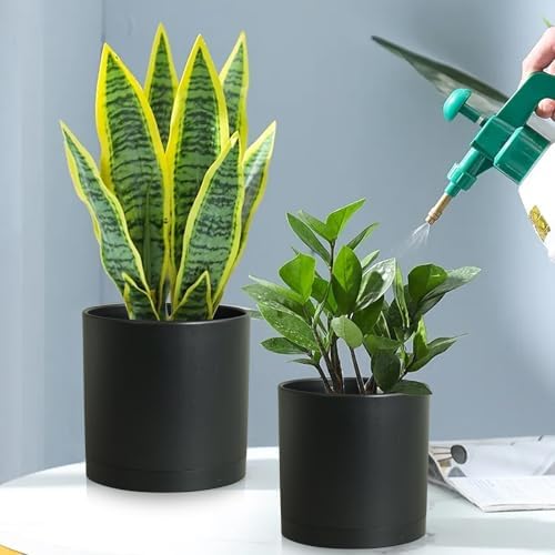 Meowell 8/7/6 inch Plant Pots, 3 Set Cylinder Flower Pots for Outdoor Indoor Plants, Decorative Plastic Planters with Drainage Holes and Saucers for Garden House Plants, Black - Image 5