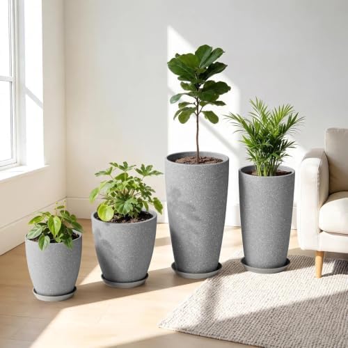 ZMTECH 4 Pack Plastic Planters 21/18/12/10in, Indoor Outdoor Round Planter for Porch, Large Plant Pot with Drainage Hole for Home Garden Front Door, Modern Decorative Pots for Plants (Light Gray) - Image 5