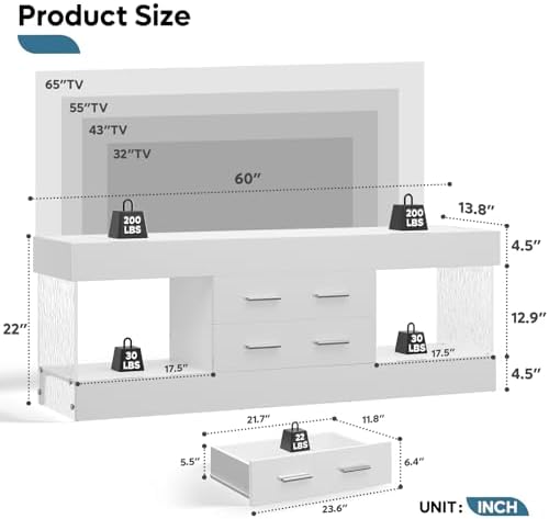 Bestier Modern TV Stand for 65 Inch TV, White Entertainment Center - Image 2