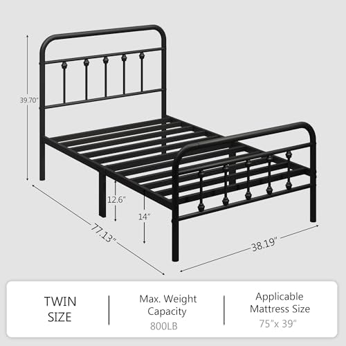 zunatu Twin Size Metal Bed Frame, Victorian Style Headboard and Footboard - Image 2