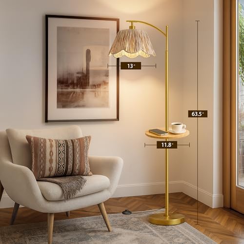 Oneach Floor Lamp with Table for Bedroom, Boho Standing Lamps with Foot Switch, Farmhouse Floor Lamp for Living Room, Arc Rattan Lamps with Gold Metal Base & Pole, Ideal for Home Décor - Image 5