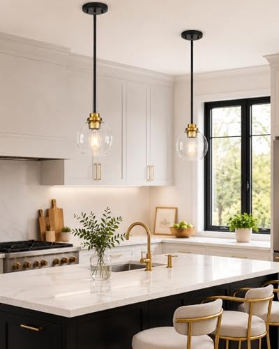 Pendant Lights Kitchen Island 2 Pack, 7" Black and Gold Hanging Lights Fixtures with Clear Glass Globe Shade, Modern Kitchen Island Lighting for Bathroom, AD-22280-1P2-KG - Image 7