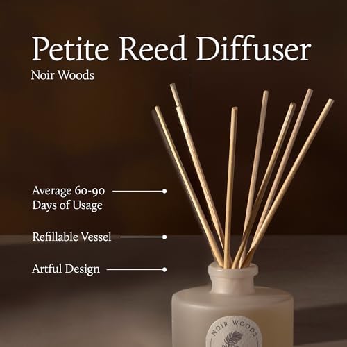 Thymes Petite Oil Reed Diffuser Set – Includes Reeds, Fragrance Oil & Glass Bottle – Luxury Scent Diffusers for Home Decor – Notes of Fresh Evergreen, Smoky Wood & Golden Amber (Noir Woods, 4 fl oz) - Image 4