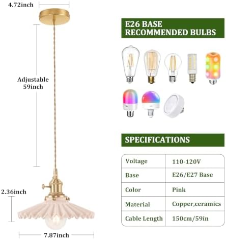Shenmoyl Pendant Light with Pink Pleated Ceramic Lmapshade, Brass Vintage Pendant Light Adjustable Hanging Light for Kitchen Island Dining Room Hallway - Image 5