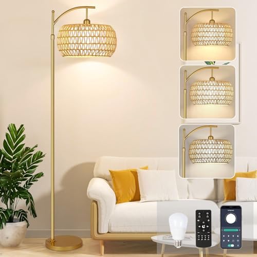 Gold Floor Lamp for Living Room with 3 Color Temperatures,Arc Boho Floor Lamps with Remote Control, Rattan Standing Lamp with Wicker Lamp Shades Dimmable Tall Floor Lamp For Bedroom Living Room Corner by ZECOXOL