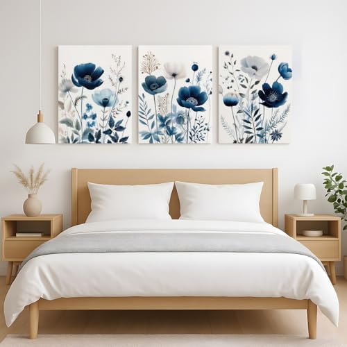 LLEEMPI Framed Navy Blue Floral Wall Art Set of 3, 12x16 Inch Canvas Prints - Image 5