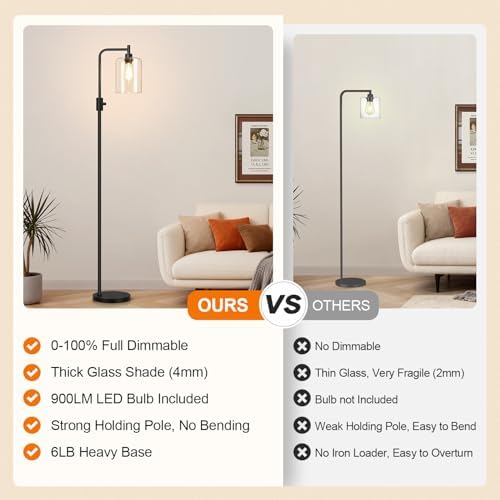 【Upgraded】 Dimmable Floor Lamp for Living Room with Clear Glass Lampshade, Black Modern Glass Floor Lamp with 900LM LED Bulb Included, Arc Standing Tall Lamp for Bedroom, Office, Reading Room, Corner - Image 2