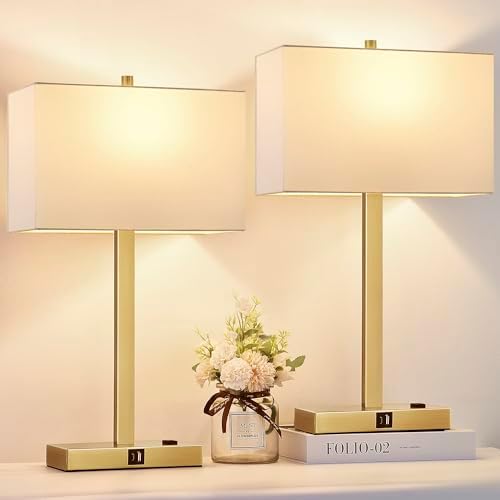 21" Touch Bedside lamps with 2 USB & AC Outlets, 3-Way Dimmable Bedside Table Lamps Set of 2 for Bedroom Living Room Office Reading, White Shade Lamps for Night Stands, 2700K LED Bulbs Included by BringBrightnesstoYourLife