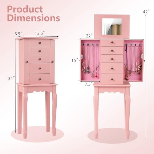 GIANTEX Standing Jewelry Armoire Cabinet with 4 Drawers, Flip Top Mirror, Top Storage Compartments, 2 Side Doors with 8 Necklace Hooks, Freestanding Jewelry Organizer Box Chest (Pink) - Image 7