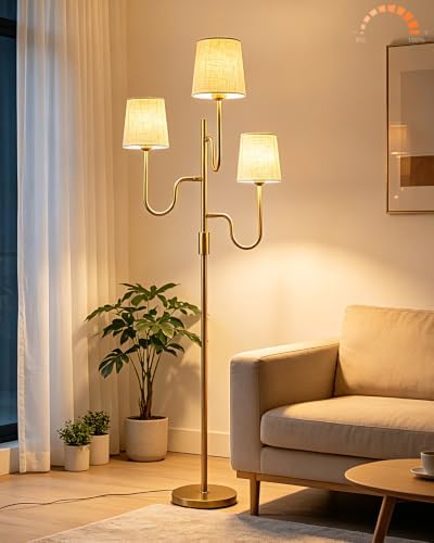 Lightdot 68IN Gold Floor Lamp Dimmable 3-Lights LED Floor Lamps with Cone Fabric Shade& Warm White Bulb for Wedding/Party 3-Arm Standing Tall Lamp for Living Room/Bedroom/Sofa Beside/Corner Decor by LightdotLighting
