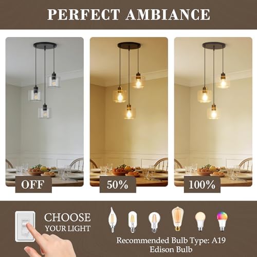 3-Light Pendant Lighting, Black Dining Room Chandelier Light Fixture Over Table with Clear Glass, Modern Cluster Hanging Lights for Kitchen Island Dining Room Sink, OS-YQ8153-3BKC - Image 6