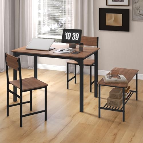 Dining Table Set for 4 with Storage Bench & 2 Chairs, Teak - Image 6