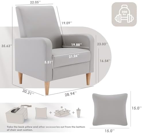 COLAMY Mid-Century Modern Accent Chair, Faux Leather Upholstered Living Room Chair with Back Pillow & Solid Wood Legs, Comfy Armchair for Living Room, Bedroom, Single Sofa, Light Grey - Image 2