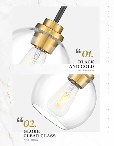 Pendant Lights Kitchen Island 2 Pack, 7" Black and Gold Hanging Lights Fixtures with Clear Glass Globe Shade, Modern Kitchen Island Lighting for Bathroom, AD-22280-1P2-KG - Image 3