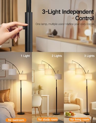 OUTON Arc Led Floor Lamp, Modern 3 Light Arched Tall Floor Lamps for Living Room, Mid Century Adjustable Standing Corner Lamps for Bedroom Office, 3 LED Bulbs Included, Beige Lampshade - Image 3