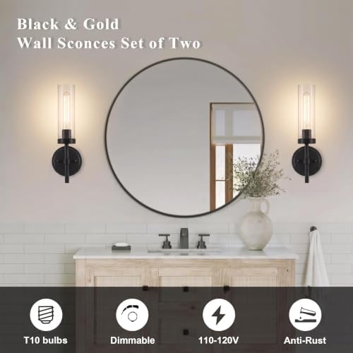 SANTOSTOCK Black Wall Sconces Set of Two, Hardwired Bathroom Vanity Sconces Wall Lighting with Clear Glass Shade, Modern Farmhouse Wall Mount Lights for Mirror Bedroom Living Room Hallway Entryway - Image 3