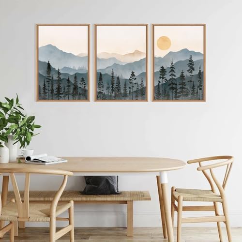 LHIUEM Boho Mountain Framed Canvas Wall Art Set,Forest Pine Tree Wall Decor, Sunrise Misty Wilderness Painting,Watercolor Nature Landscape Artwork for Living Room,Bedroom,Dining Room,Office -24"x36"x3 - Image 3