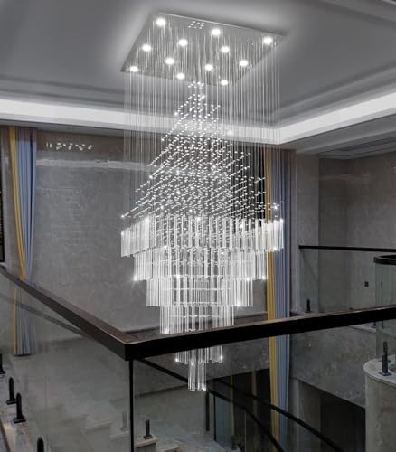 HAIXIANG W32 x H120 Glam Chandelier with LED Bulbs Square Chandeliers, Crystal Raindrop High Ceiling Pendant Light for Entrance Large Villa Chandelier Foyer Lighting Fixtures Silver - Image 4