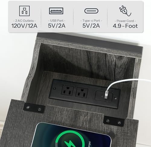 HOOBRO End Table with Charging Station, Narrow Side Table, Flip Top Nightstand with USB Ports and Outlets, Bedside Tables with Shelf for Small Spaces, Living Room, Charcoal Black BC341BZ01 - Image 6