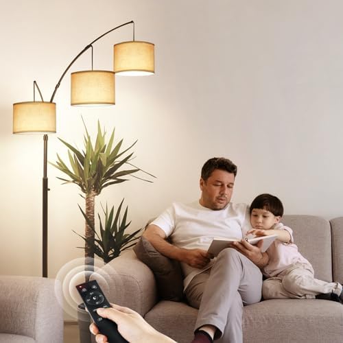 OUTON Floor Lamp with Remote Control, Modern Bright Lamps for Living Room, Adjustable 3-Light Tall Arched Lamp for Bedroom, Office, 2400lm Mid Century Design with Hanging Shade - Image 5