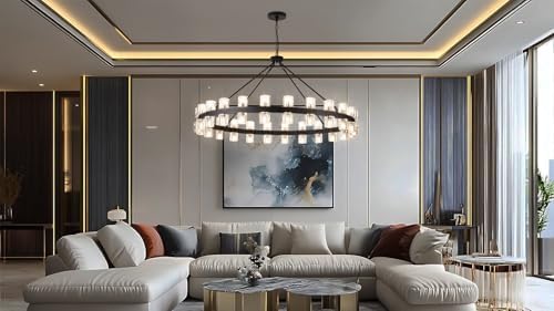 48 Inch Black Wagon Wheel Chandelier with Crystal Shade, 48 Lights, Modern Farmhouse Style, Ideal for Dining Room, Kitchen, Entryways - Image 2