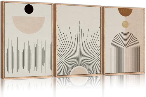 LHIUEM Large Abstract Boho Line Framed Canvas Wall Art Set,Modern Geometric Sun Wall Decor,Mid-Century Neutral Artwork for Living Room,Bedroom,Dining Room,Office -16"x24"x3 by LHIUEM