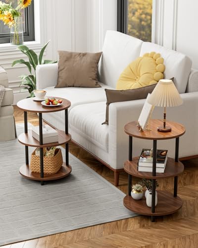 XBurmo Small Round End Table - 3 Tier Design Accent Table, Narrow Side or Bedside Stand, Industrial Vintage Nightstand for Bedroom, Living Room, or Small Spaces, Set of 2, Rustic Walnut - Image 6