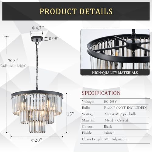 CATINER 20" Smoke Gray Crystal Chandeliers,7 Lights Black Light Fixture - Image 2