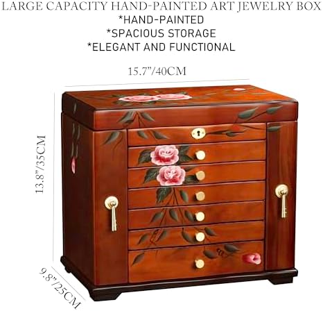 Hand-Painted Solid Wood Jewelry Box for Women, Large Vintage Organizer - Image 3