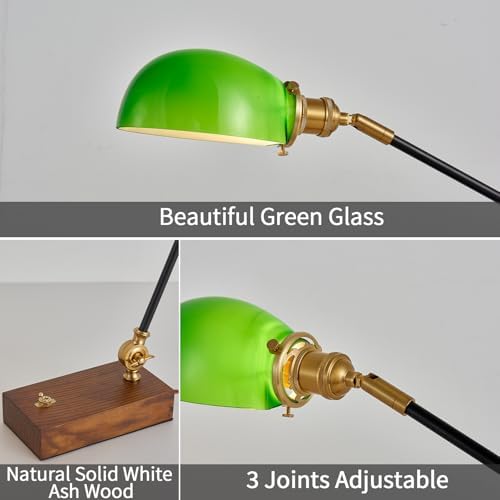 Vintage Green Glass Solid Wood BLack Gold Adjustable Swing Arm Desk Lamp - Image 3